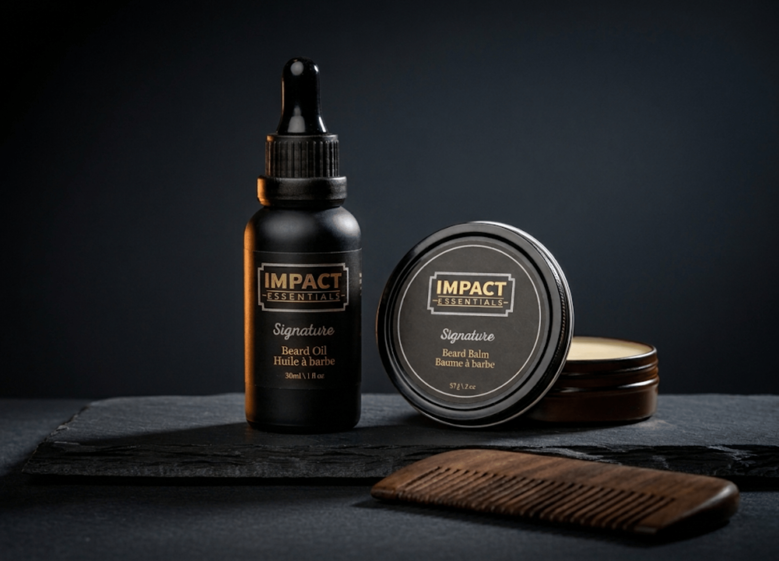 A side profile of a man with a thick, healthy, and well-styled beard using natural grooming products.