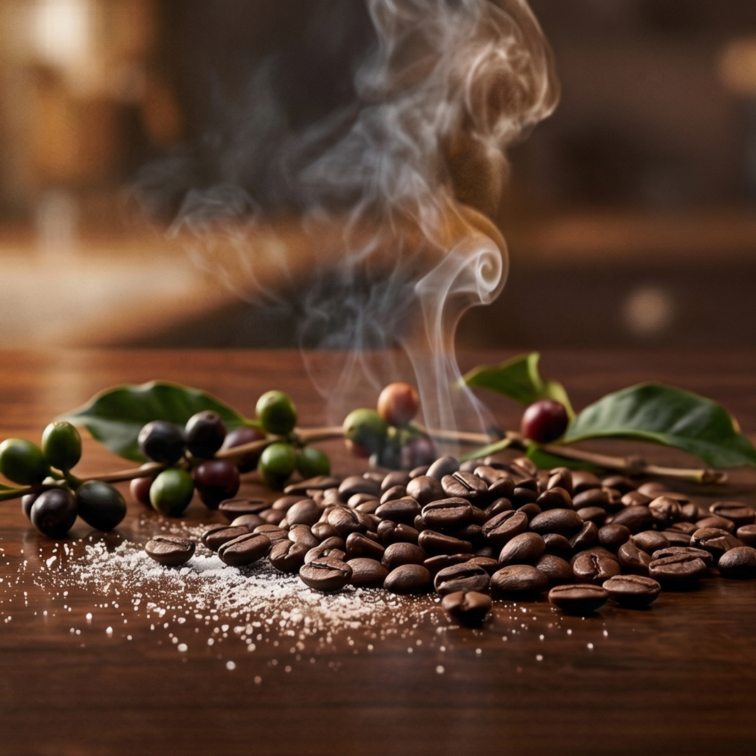 Roasted coffee beans with coffee cherries and smoke on a wooden surface