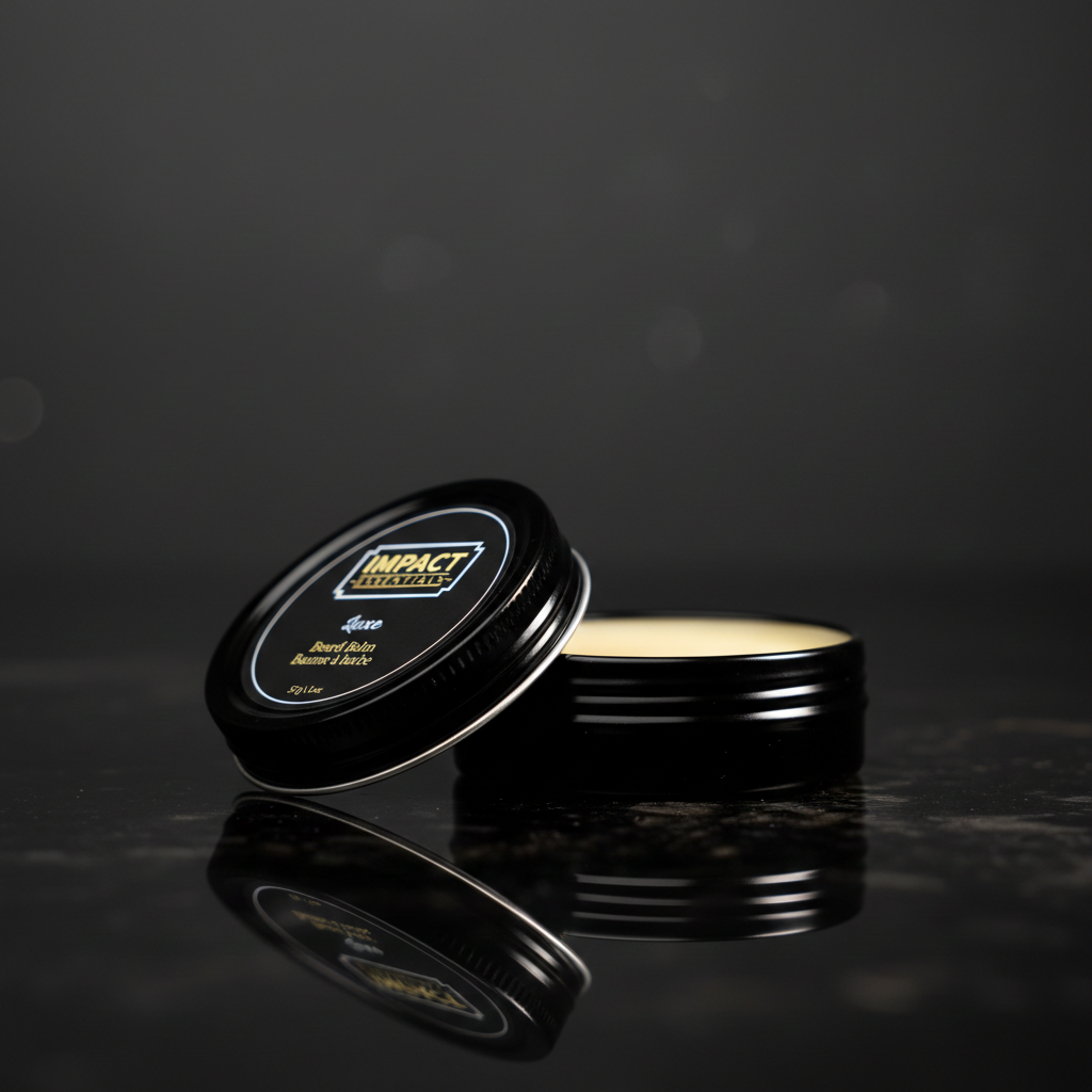 Beard balm Grooming Product on a reflective black surface with a dark background