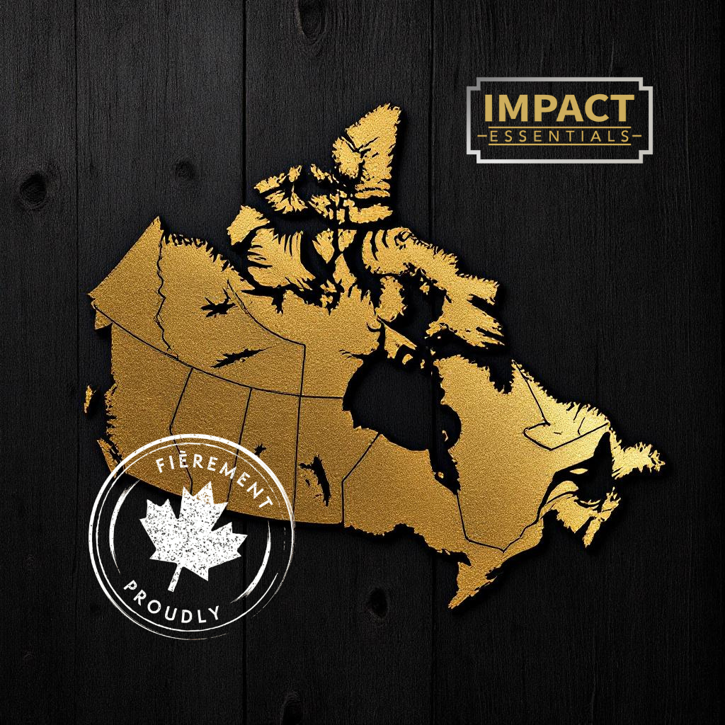 Golden textured map of Canada on a dark wood background, featuring the IMPACT Essentials logo and a silver 'Fièrement / Proudly' maple leaf seal.