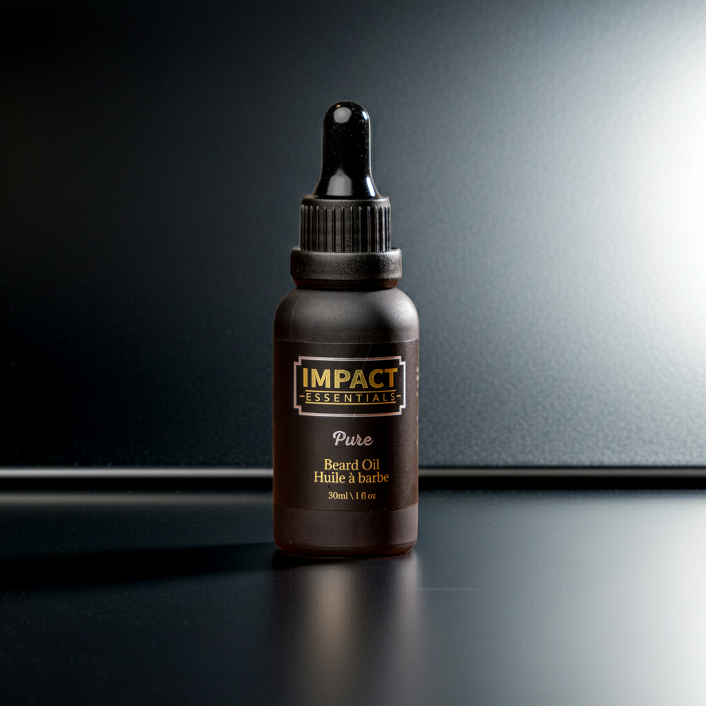 Bottle of Impact Essentials Pure Beard Oil on a reflective surface with a dark background