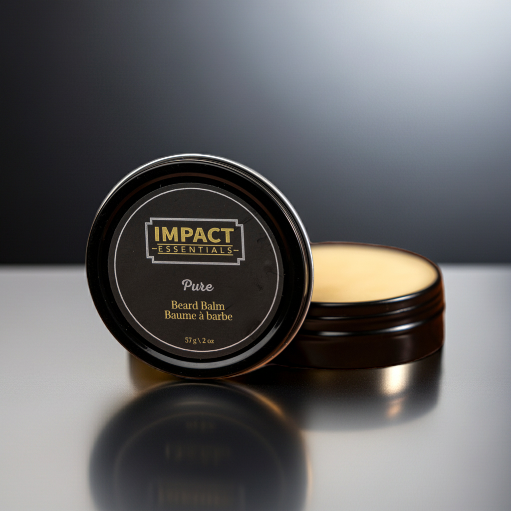 Impact Essentials Pure Beard Balm container on a reflective surface with a dark background