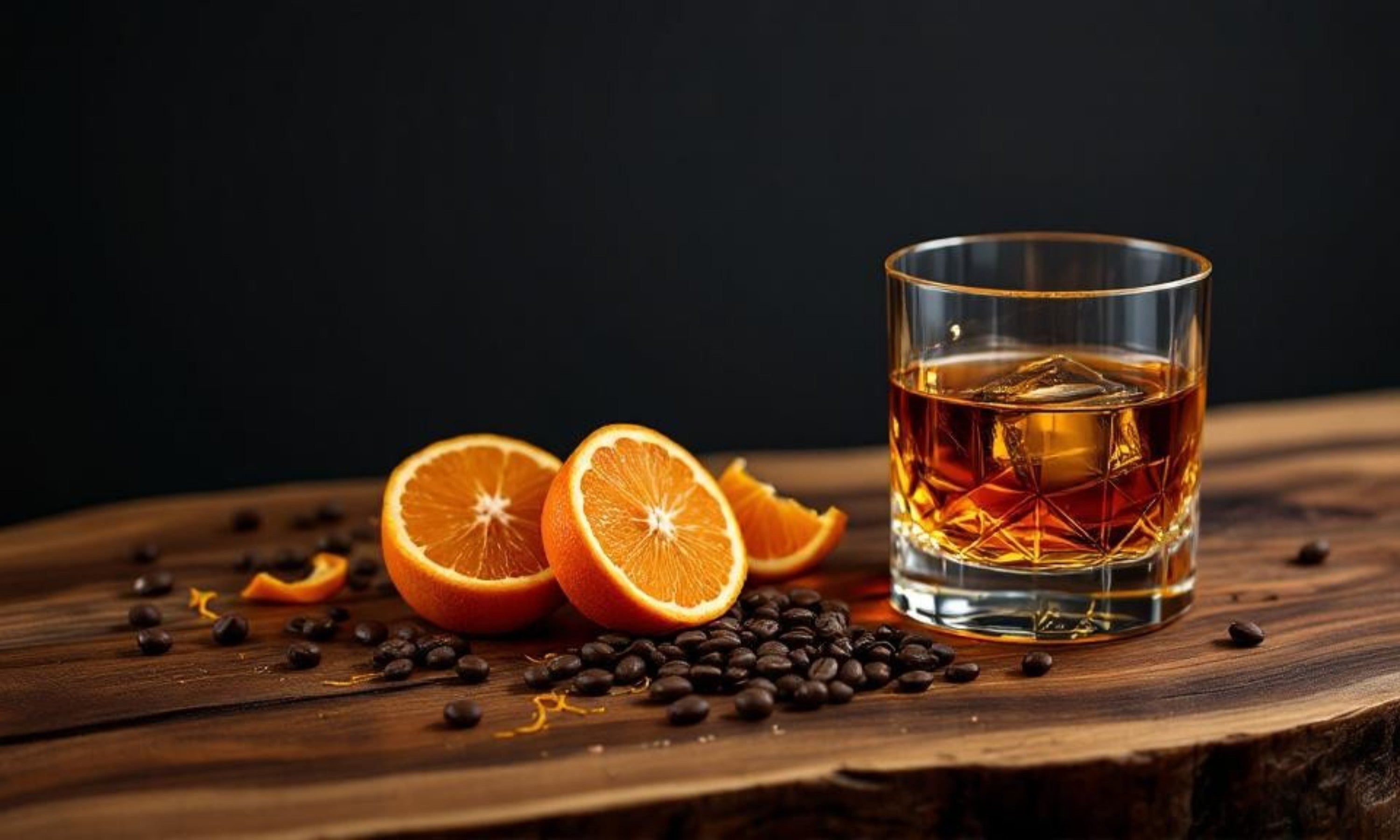 Glass of whiskey with oranges and coffee beans on a wooden surface