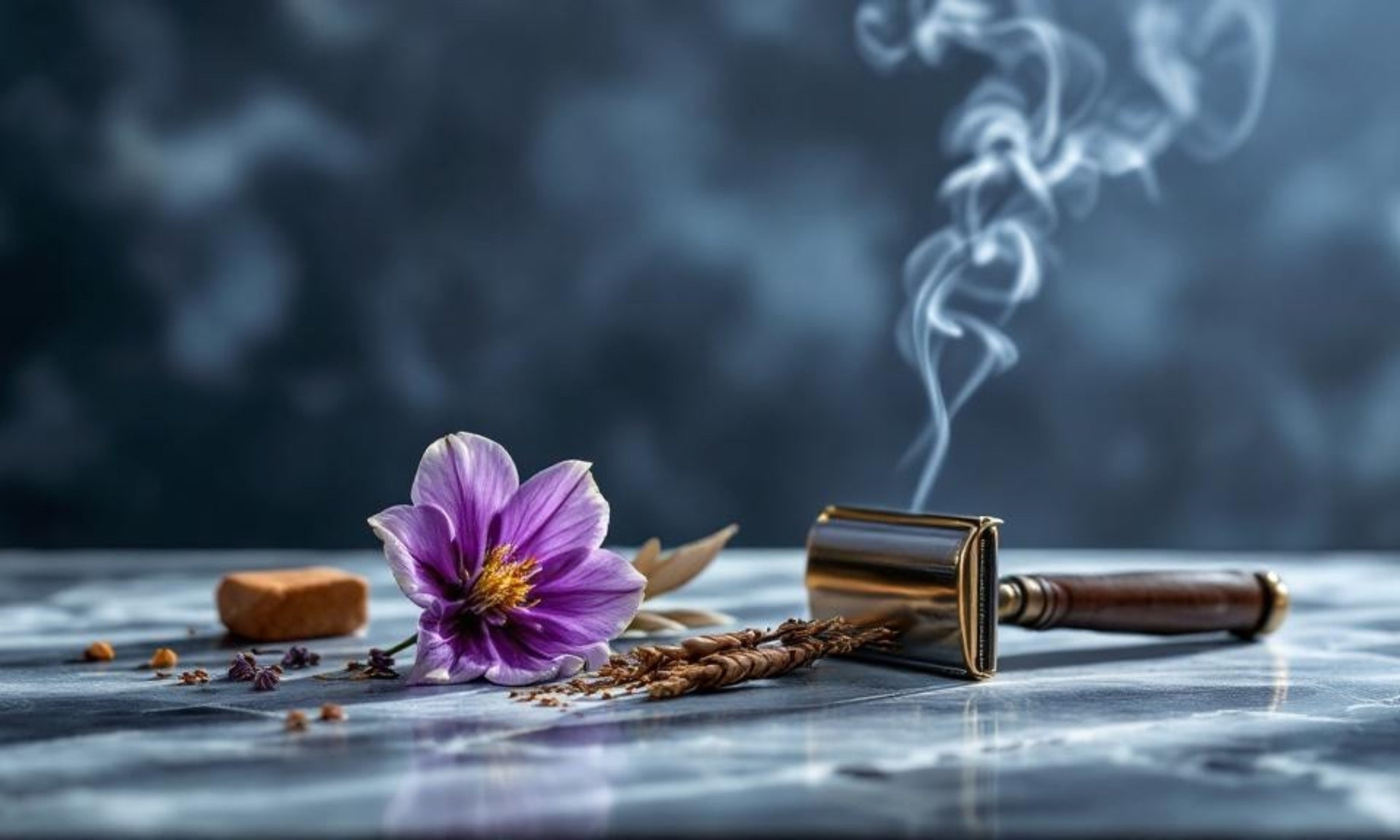 Purple flower and vintage razor on a reflective surface with smoke in the background