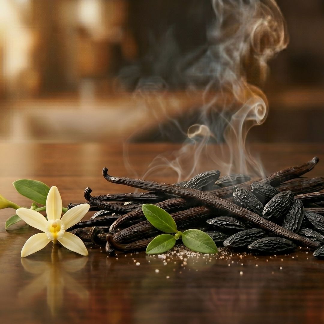 Vanilla beans and a vanilla flower with steam on a wooden surface