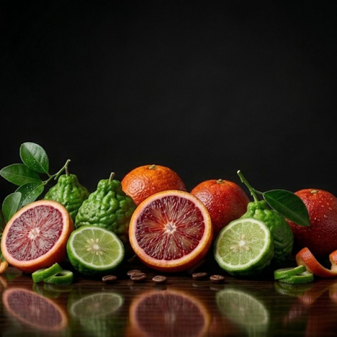 Assorted citrus fruits including blood oranges, limes, and bergamot on a reflective surface with a dark background.