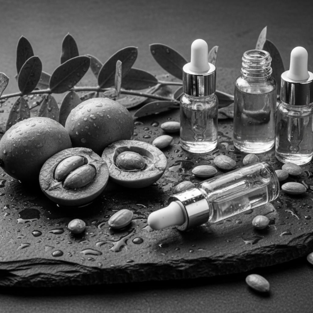 Argan oil bottles and droppers on a dark stone surface with Jojoba leaves.