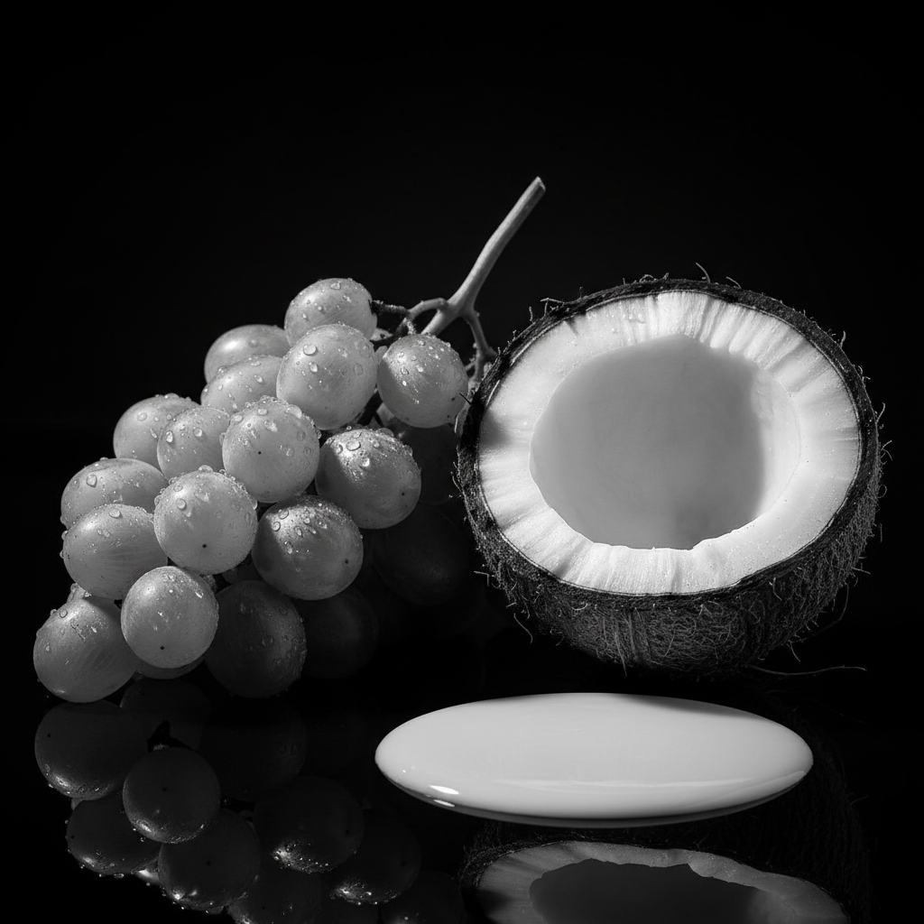 Black and white still life with grapes, a coconut, on a reflective surface.