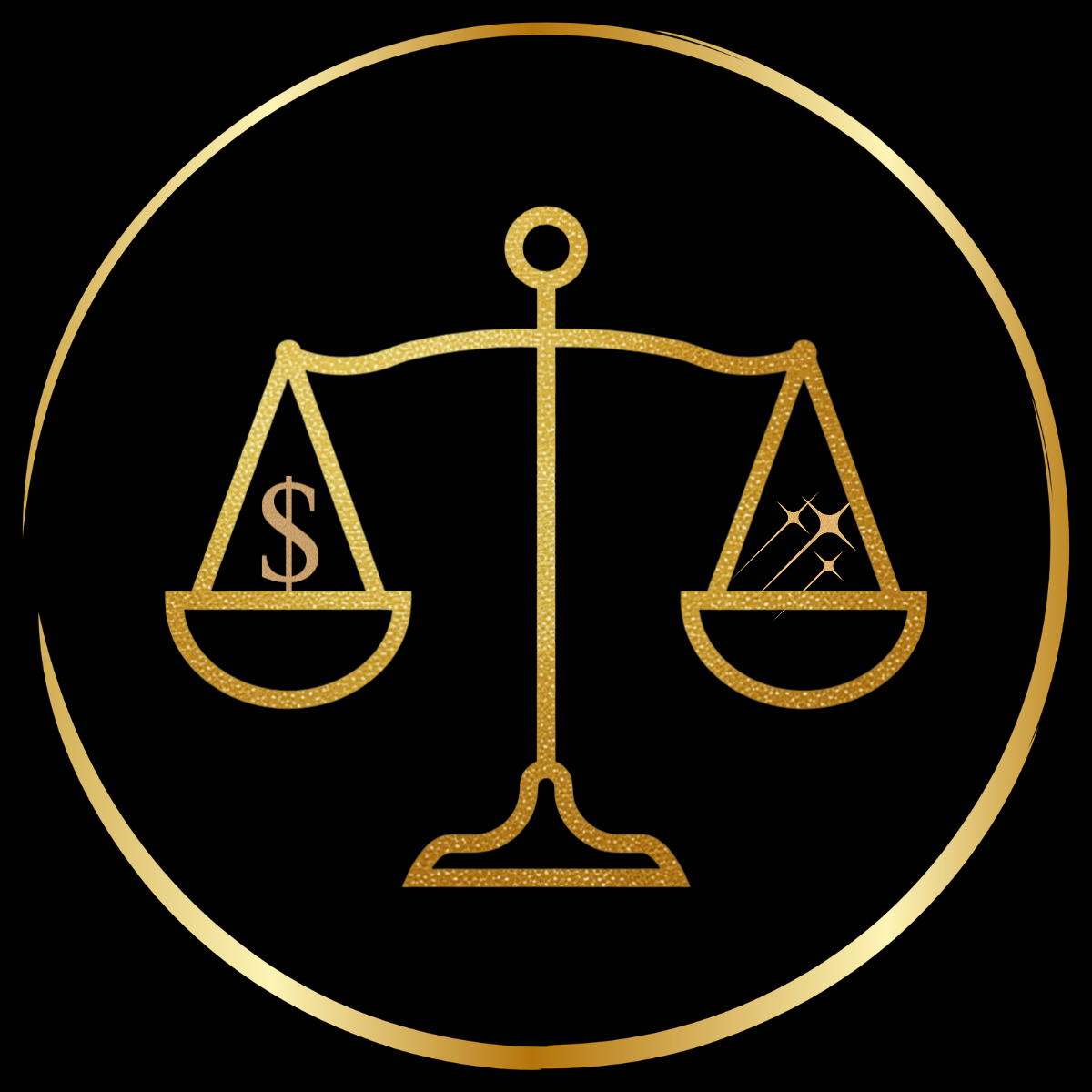 Gold balance scale icon with dollar sign and zodiac symbol on a black background