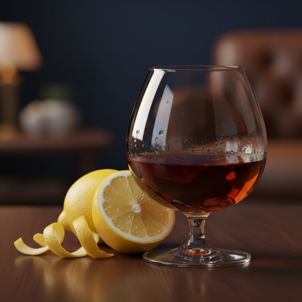 Glass of amber liquid with sliced lemons on a wooden surface