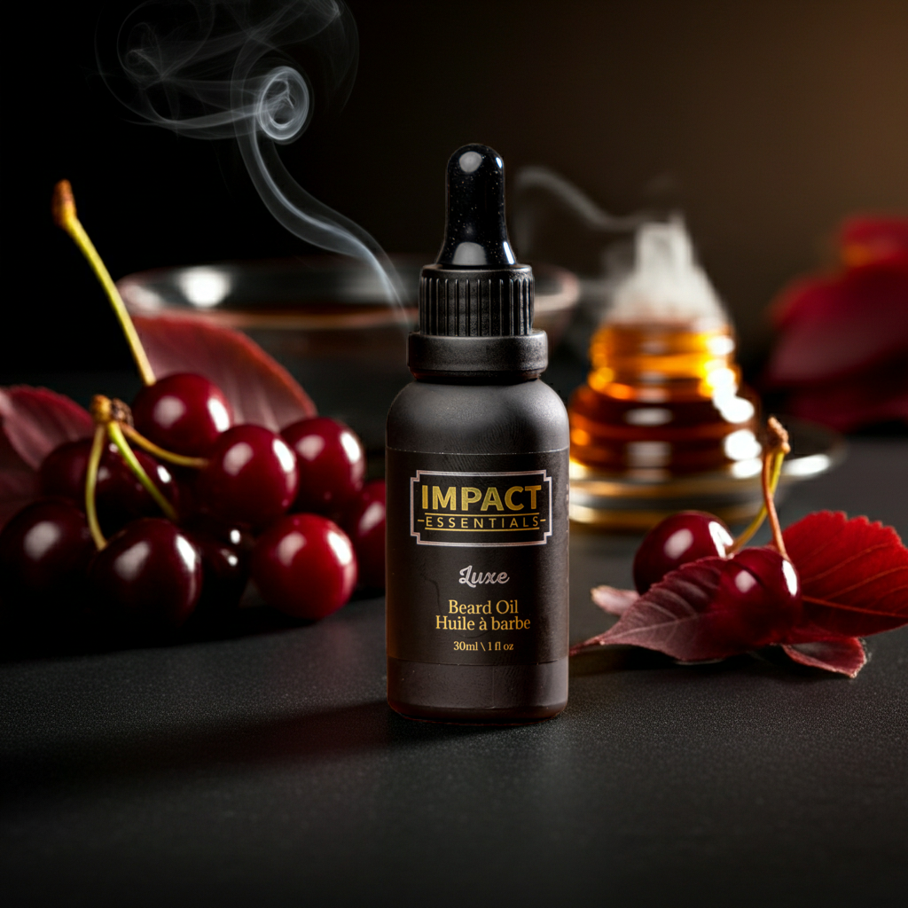 Impact Essentials beard oil bottle with cherries and a smoking candle in the background