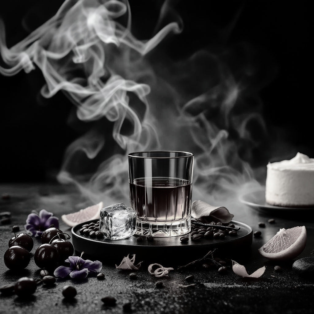 Glass of dark liquid with ice cubes on a dark surface with smoke and decorative elements.