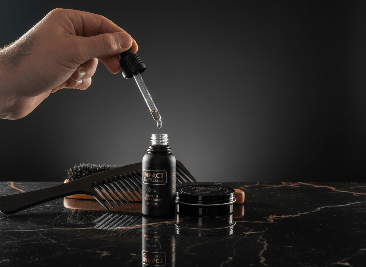 A close-up shot of a hand applying drops of natural beard oil to a well-groomed, long beard.