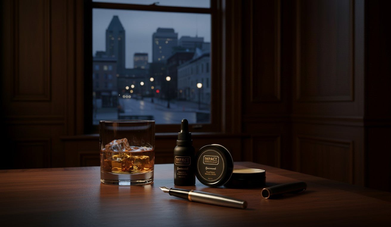 An elegant, dark-themed shot of IMPACT Essentials grooming products, representing our Montreal-based design philosophy.