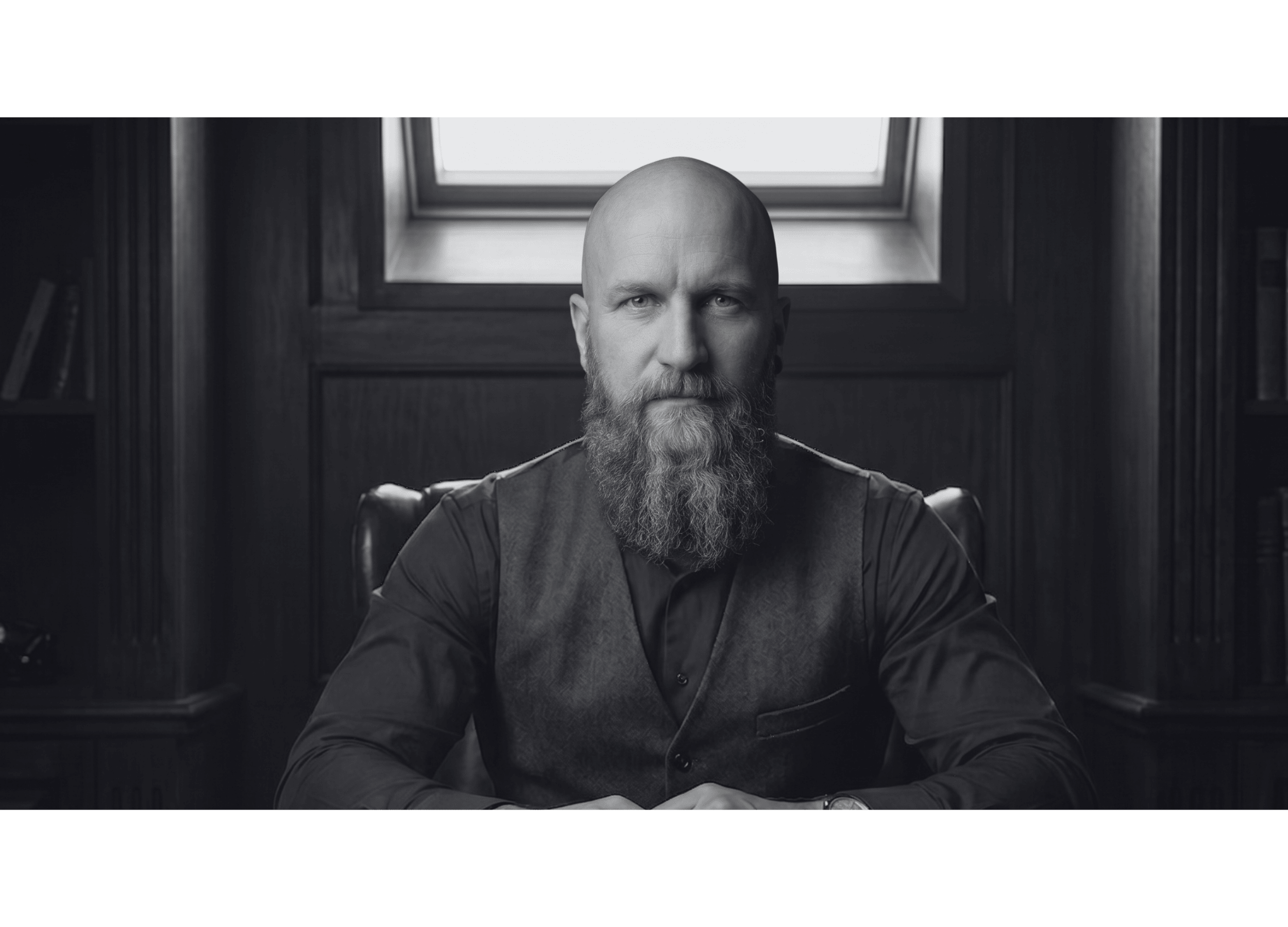 A moody, atmospheric portrait of a man with a well-groomed beard, highlighting personal presence and style.
