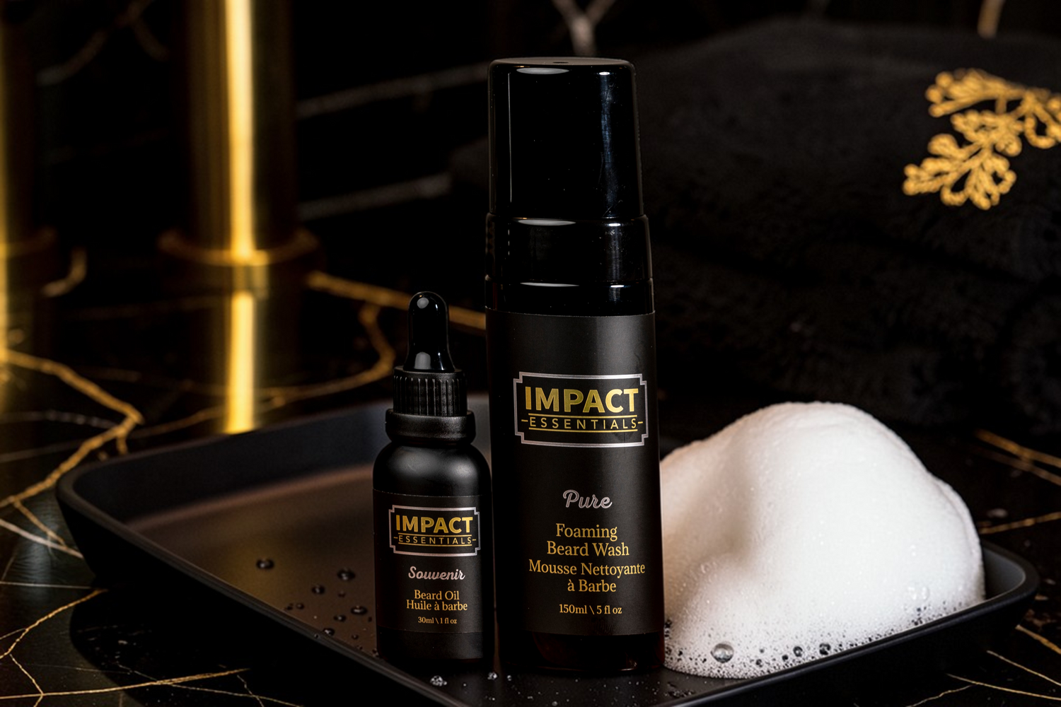 Beard Oil and Beard Shampoo on a Tray with Foaming on it