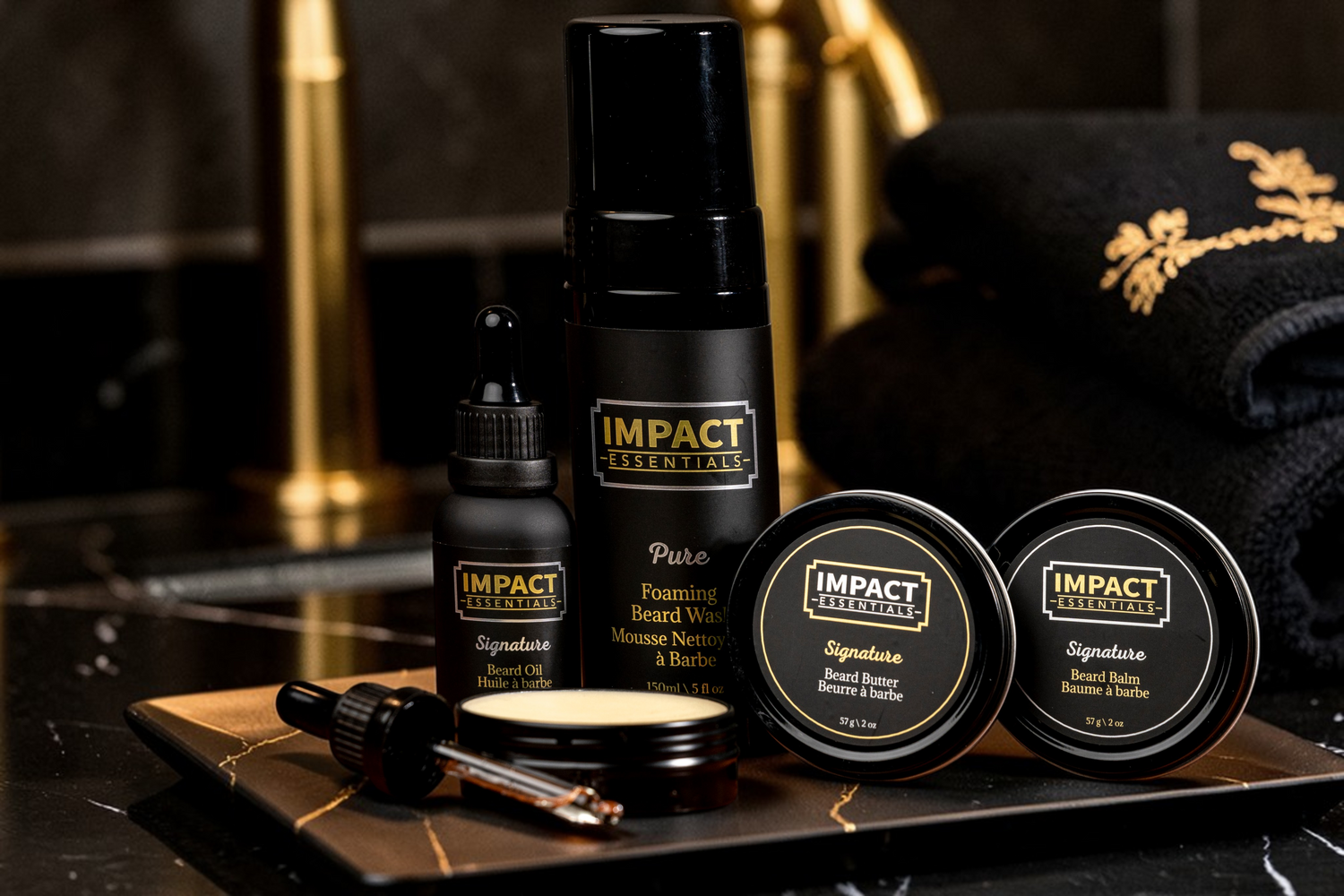 beard oil, Balm, butter and Shampoo products on a luxurious tray Bathroom