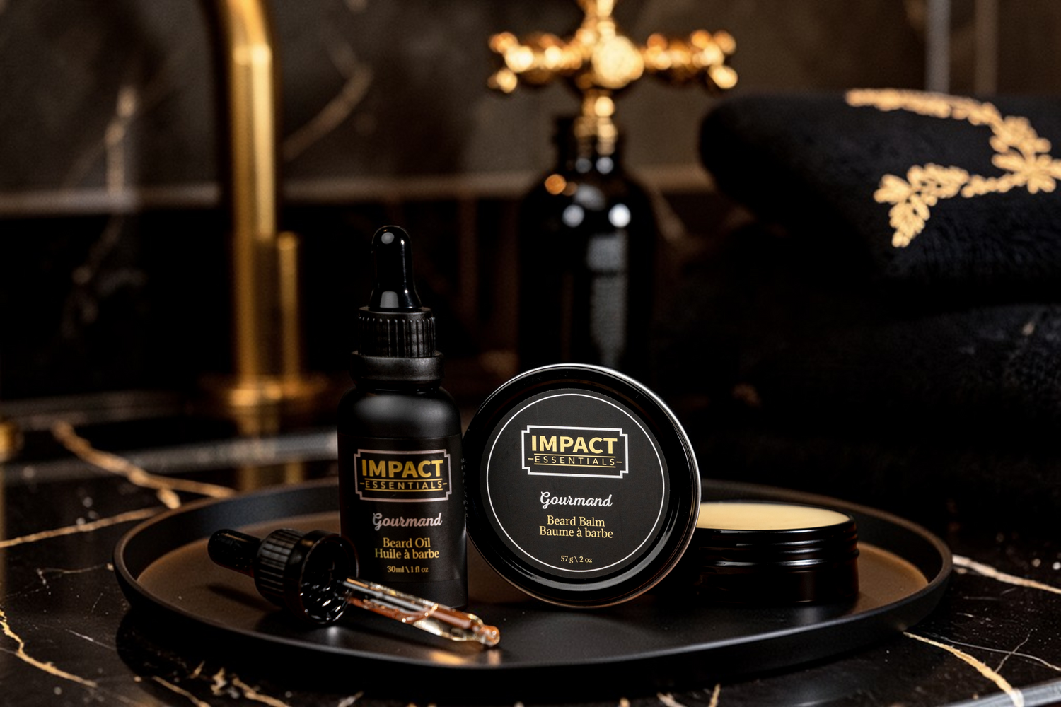 Grooming products, Beard oil and Beard Balm on a nice bathroom background