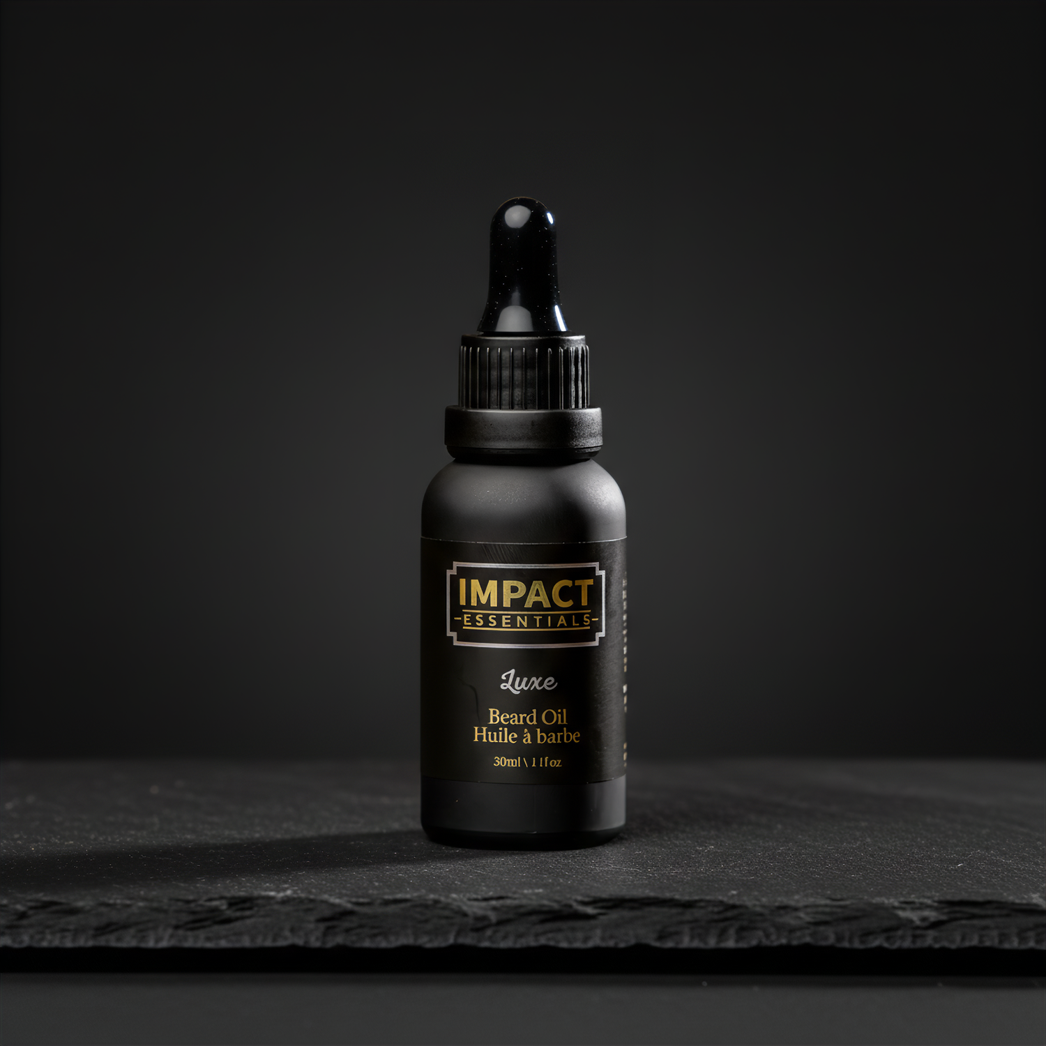 Beard oil bottle on black background