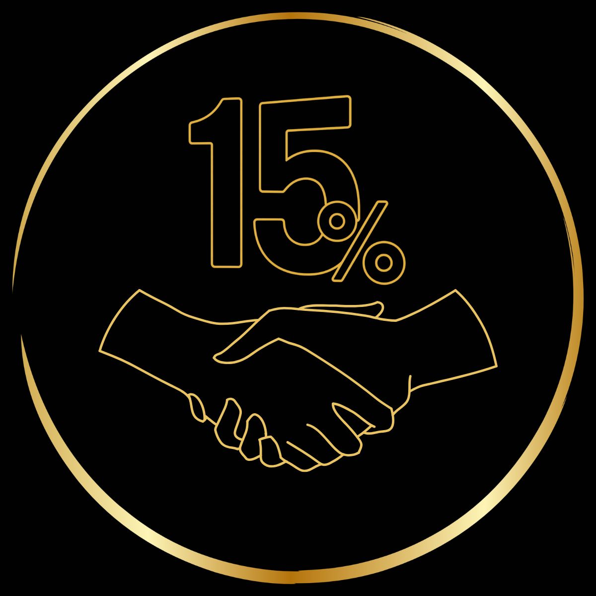Gold handshake icon with 15% symbol on a black background