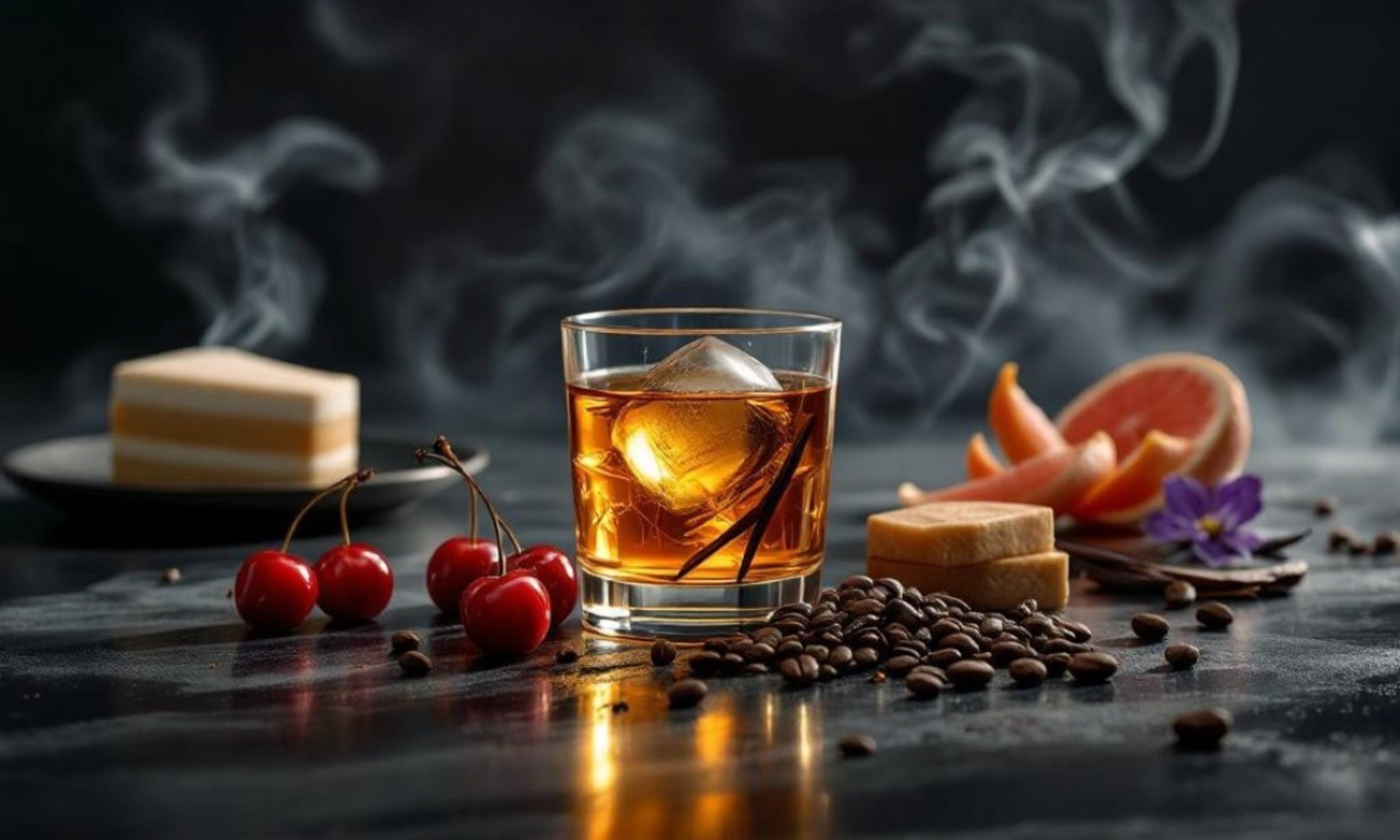 Glass of whiskey with ice, cherries, coffee beans, and fruit on a dark surface with smoke.