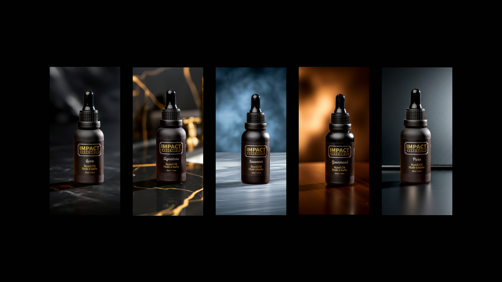 Five different bottle presentations of beard oil product with 'IMPACT' branding on a dark background.