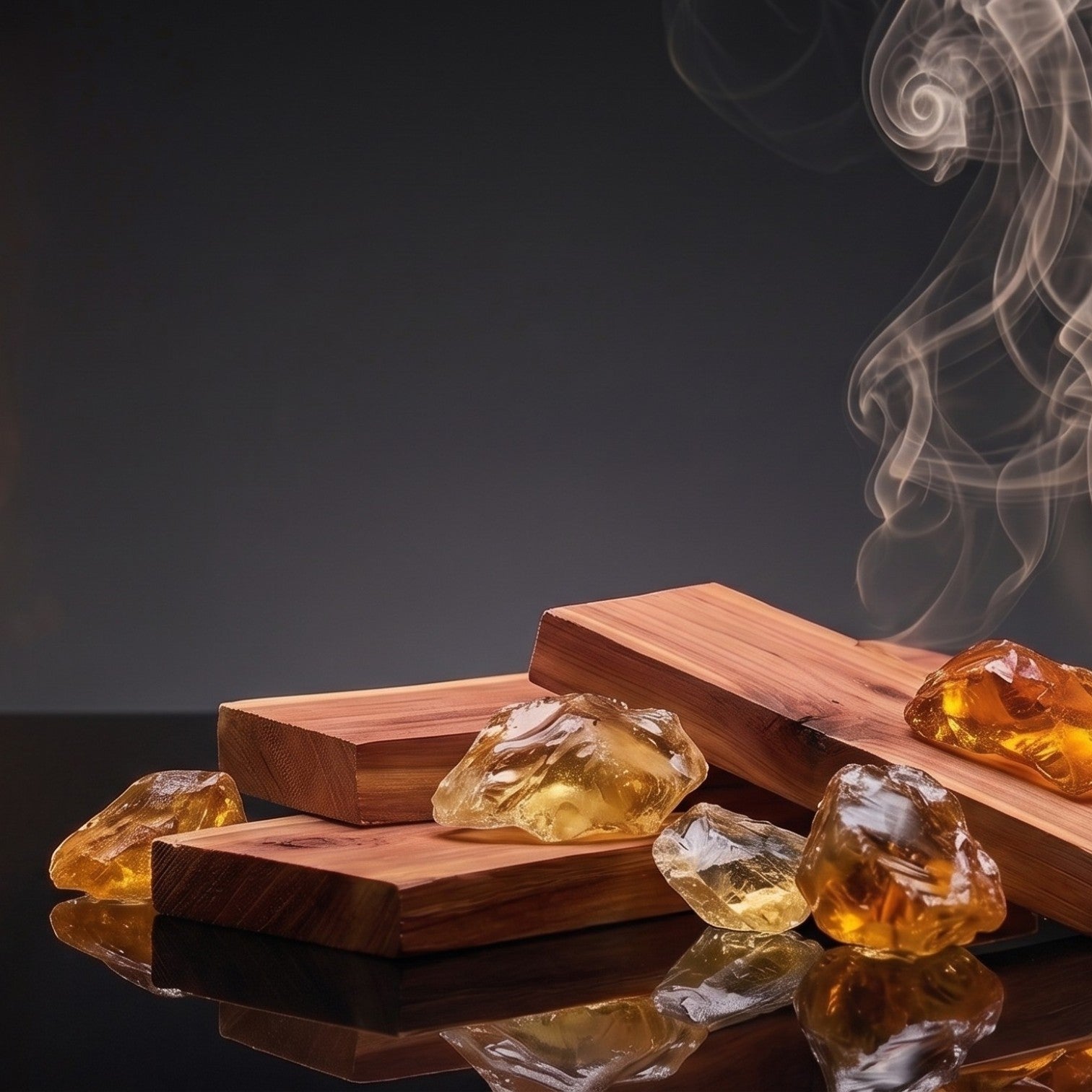 Wooden planks with amber-colored stones on a dark background with smoke effect
