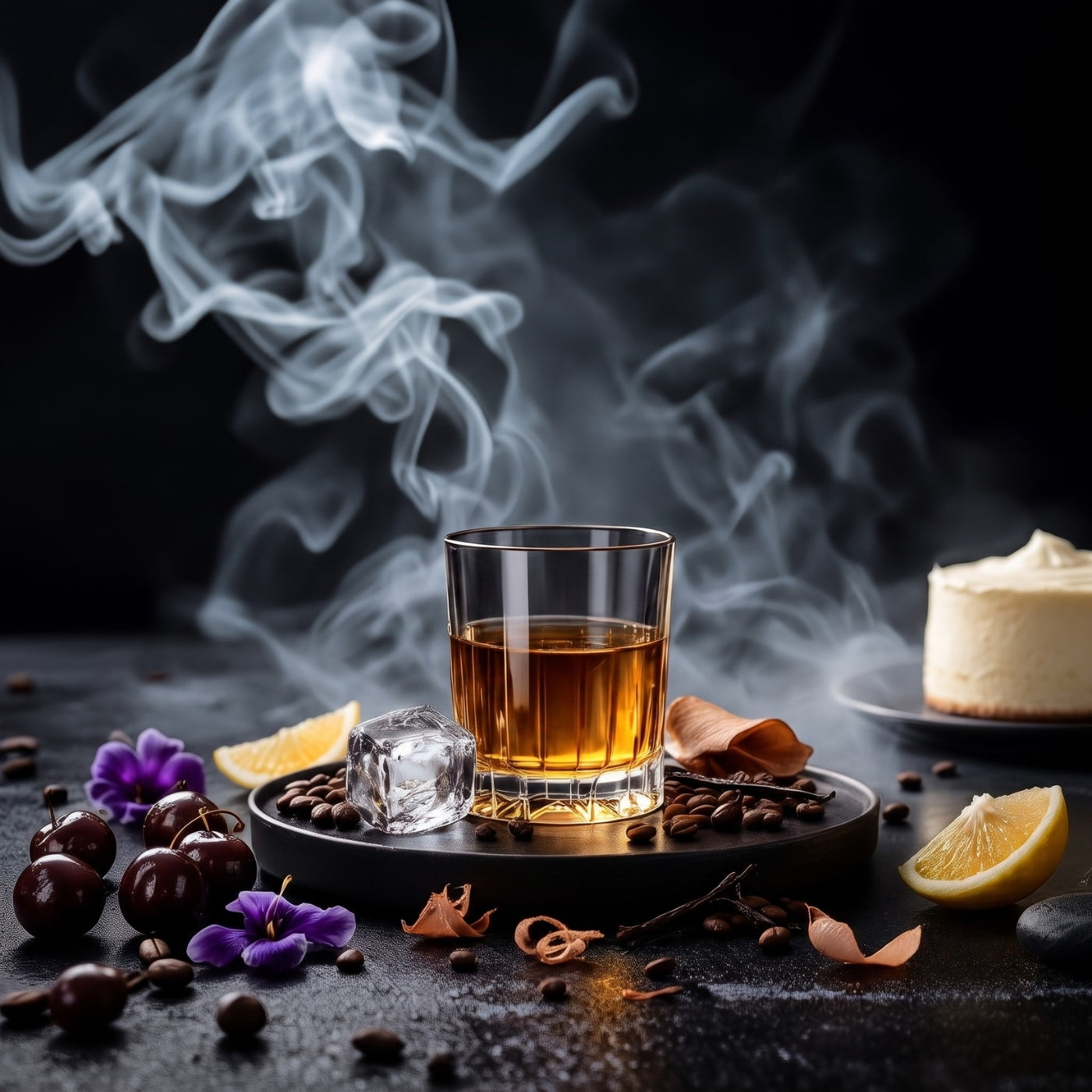 A clear rocks glass filled with amber liquor sits on a dark tray with a ice cube, surrounded by coffee beans, lemon slices, purple flowers, and rising smoke against a black background.