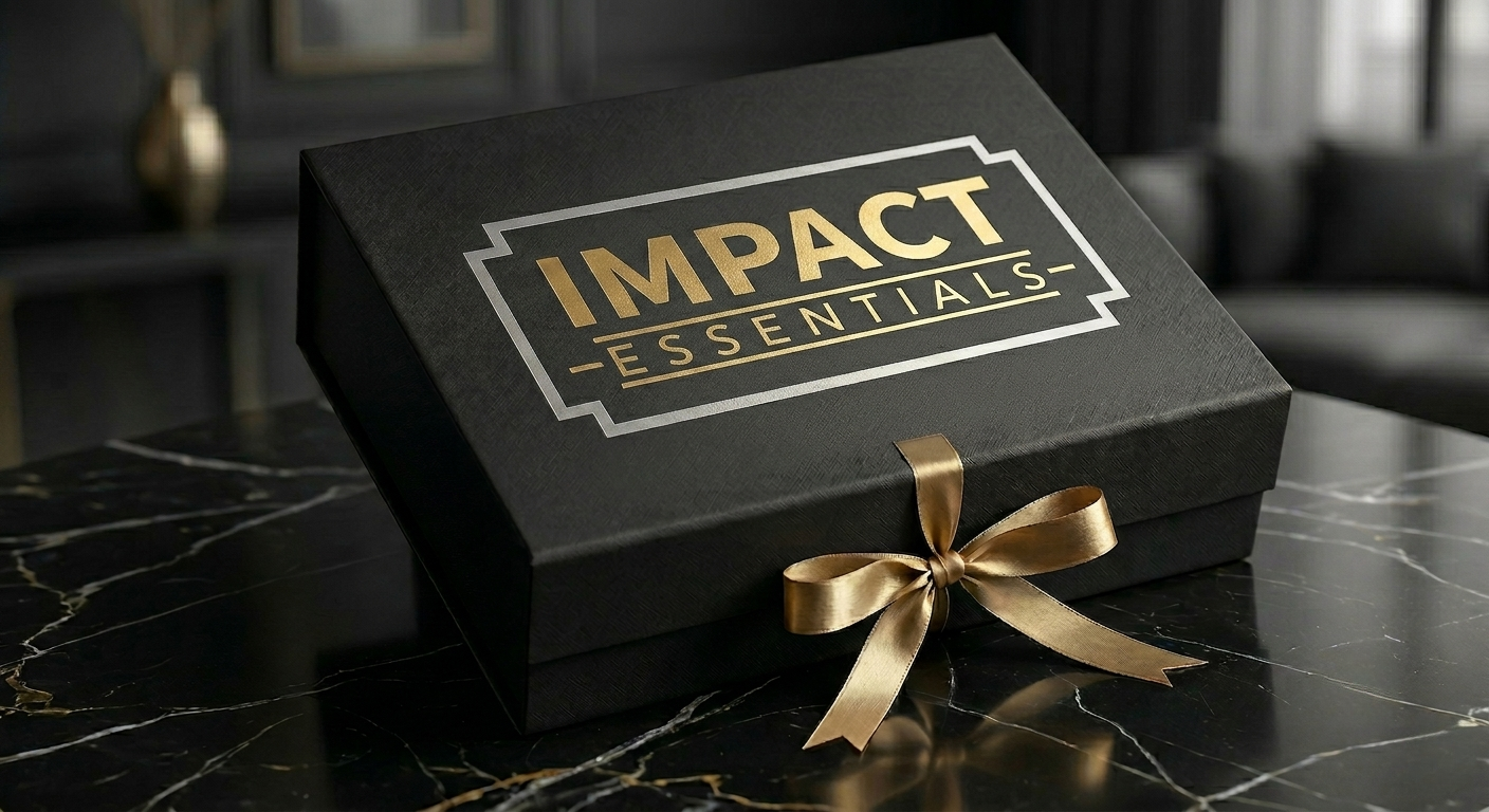 Black gift box with gold ribbon and 'IMPACT ESSENTIALS' branding on a marble surface.