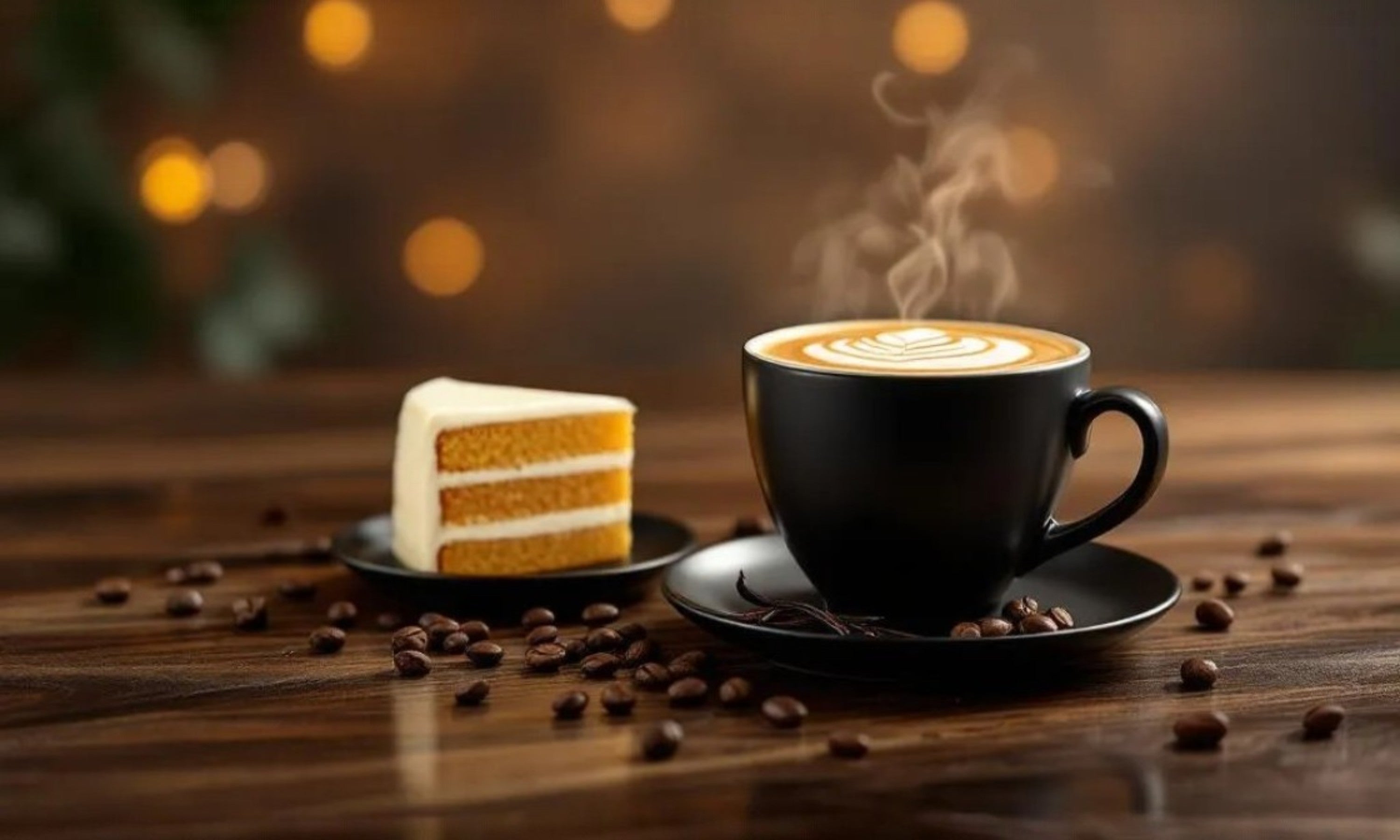 Steaming cup of coffee with a slice of cake and coffee beans on a wooden surface.