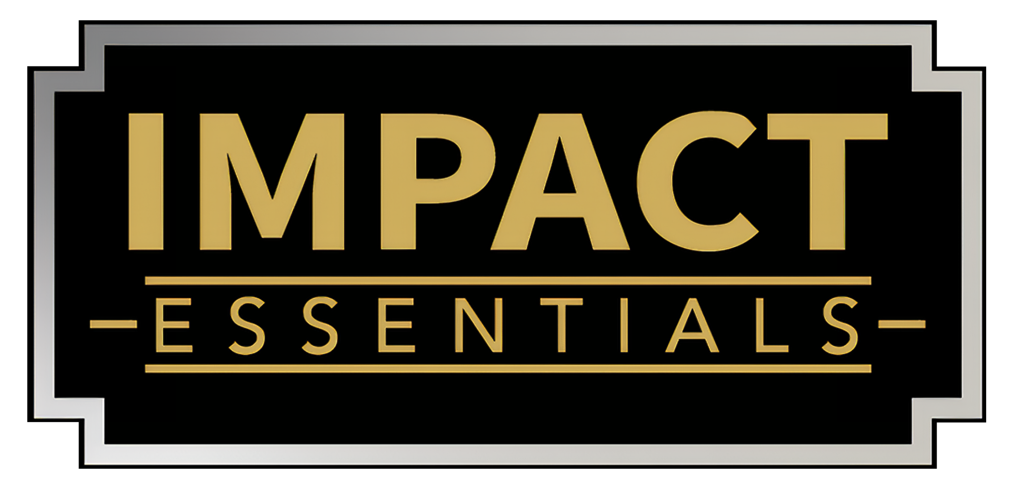 Logo of Impact Essentials with gold text on a black background