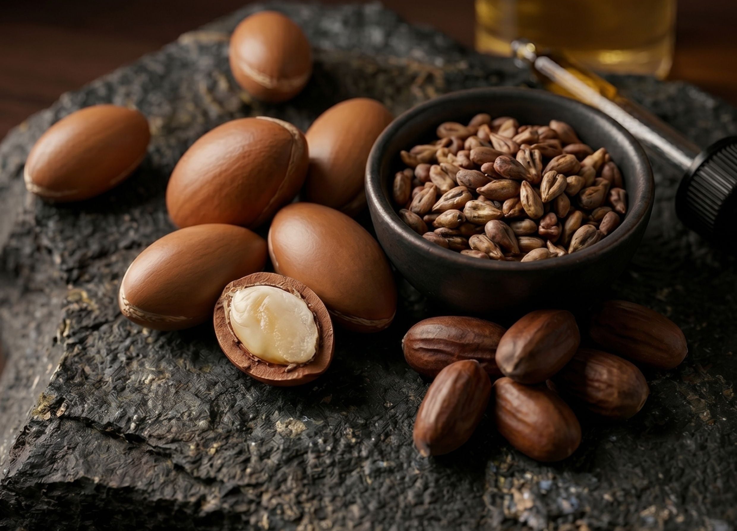 Argan seeds on a dark stone surface with a small bowl of argan kernels.