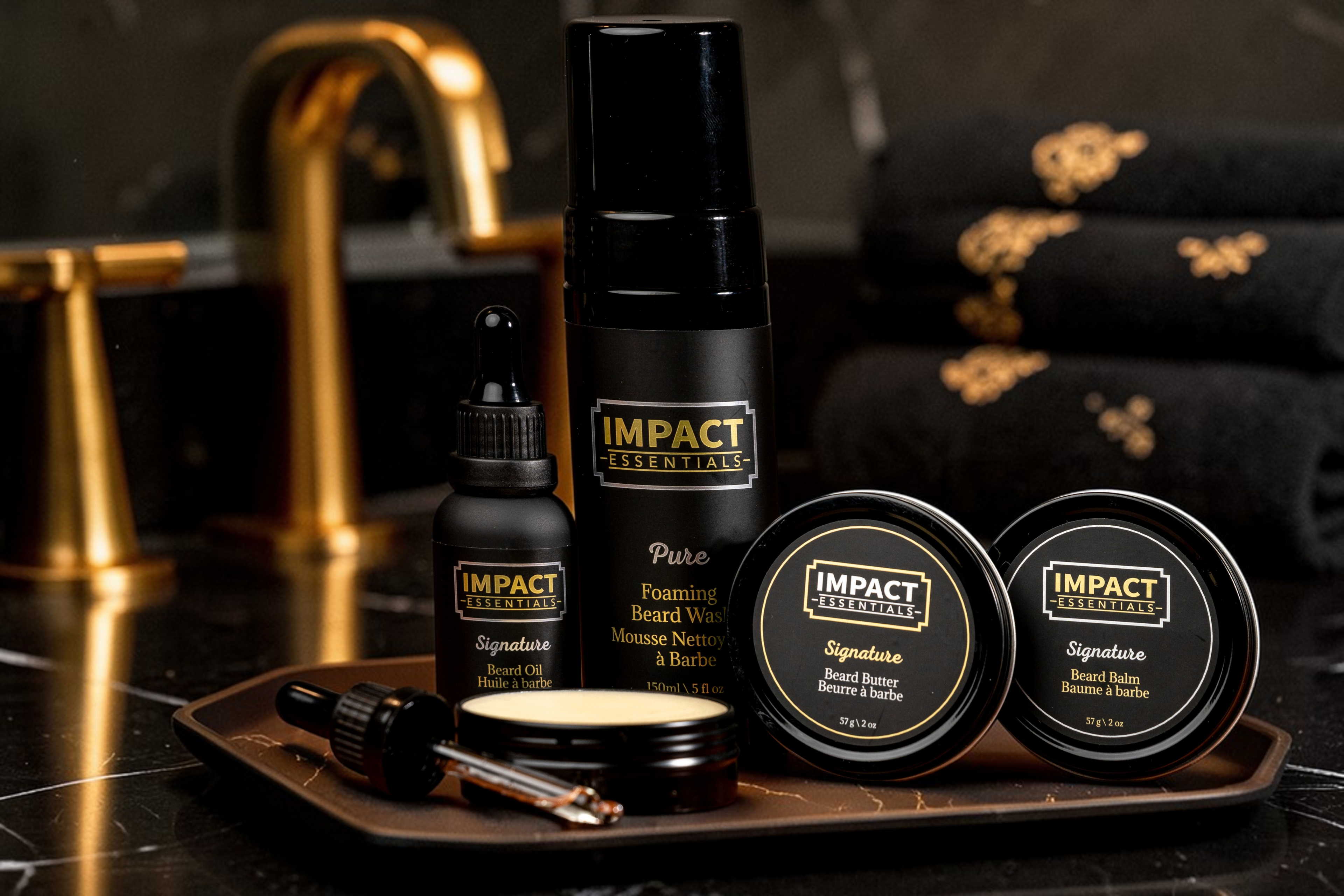 Impact essentials Grooming products in a luxurious bathroom background