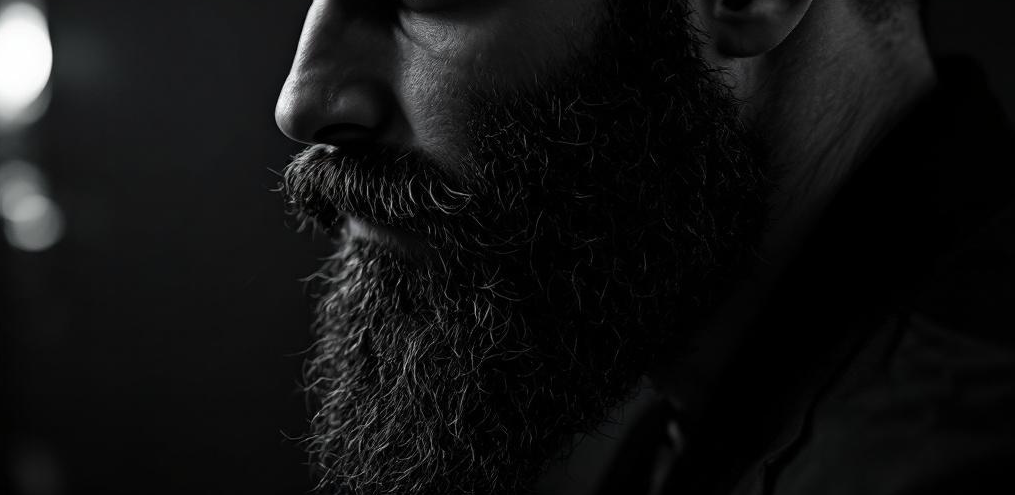 Close-up of a person with a beard against a dark background
