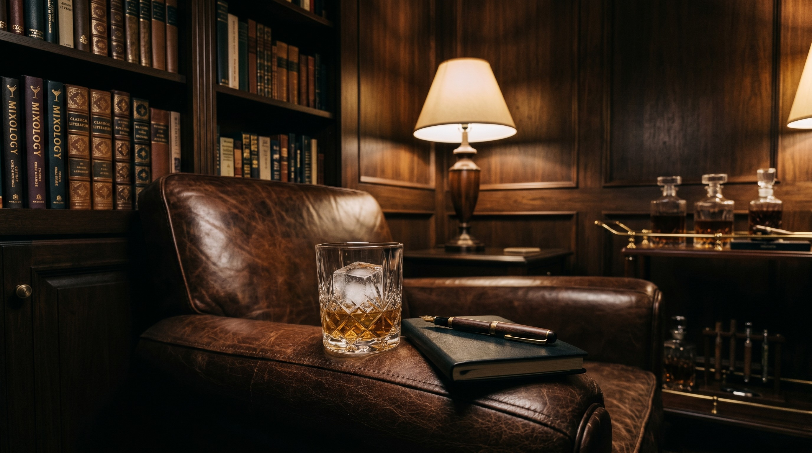 Cozy bar setting with a leather chair, bookshelf, and drinks.