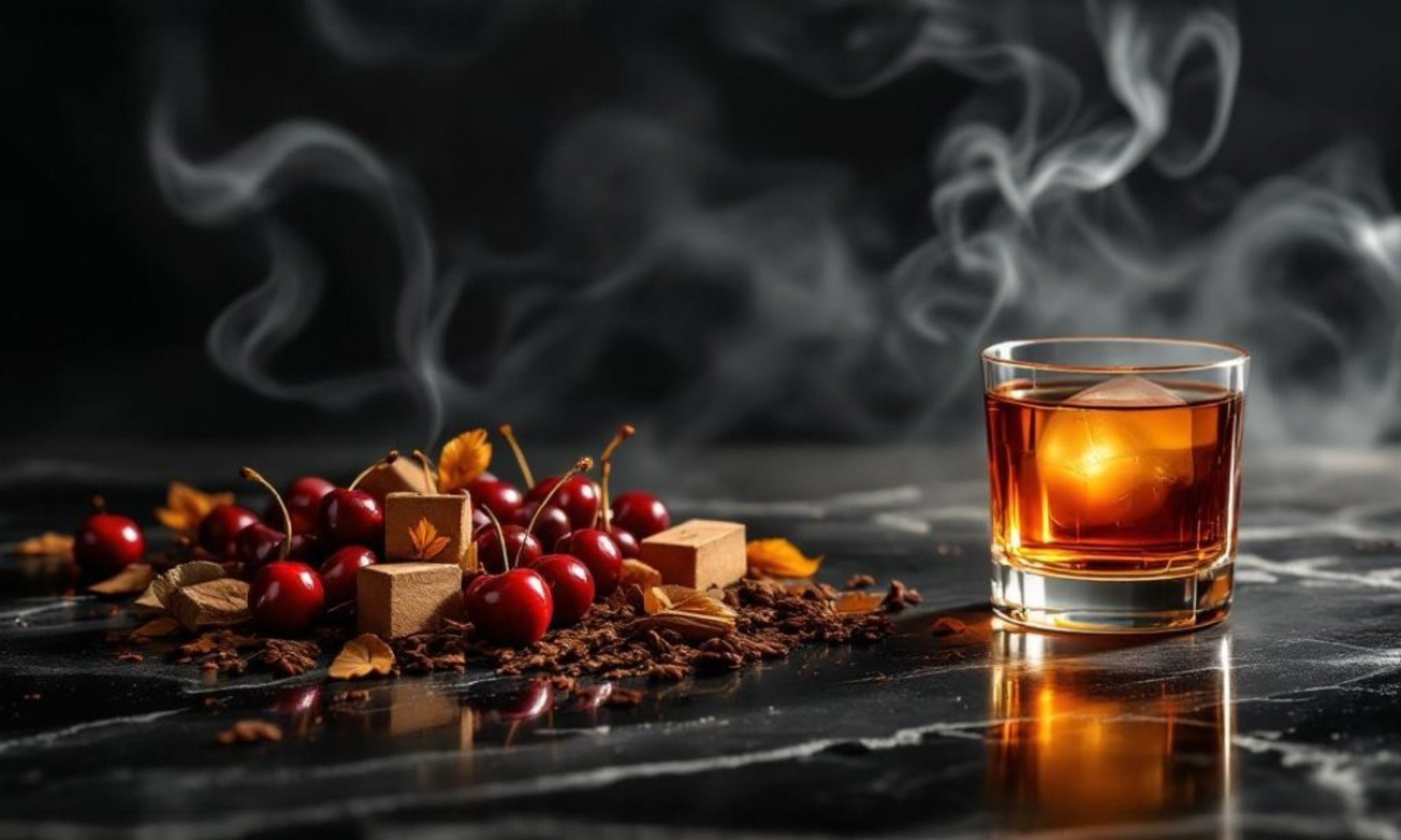 Glass of cognac with cherries and smoke on a dark surface