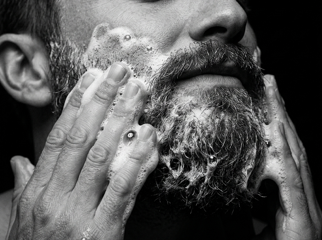 Close-up of a person applying soap to their beard with hands