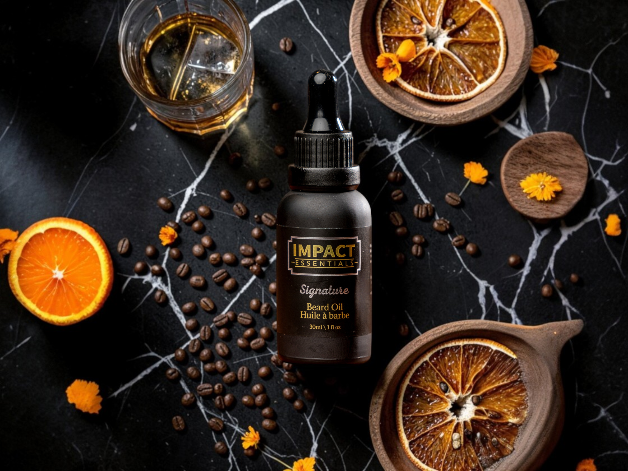 Impact Essentials beard oil bottle with coffee beans, oranges, and a glass of whiskey on a dark surface.