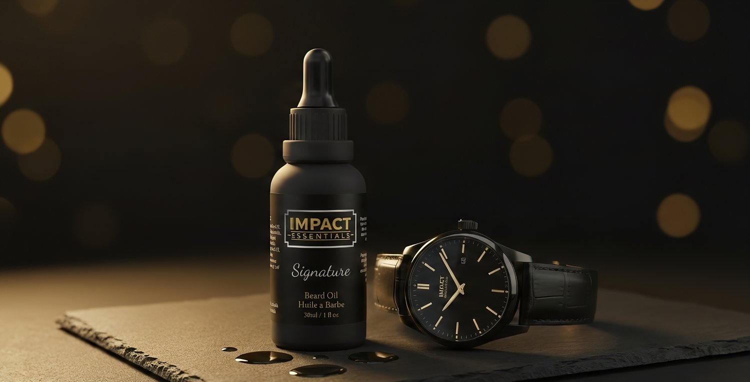 Bottle of Impact Signature Beard Oil with a watch on a dark background
