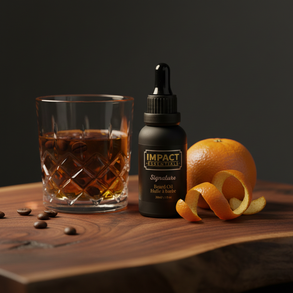Bottle of Impact Essentials with a glass of liquid and an orange on a wooden surface