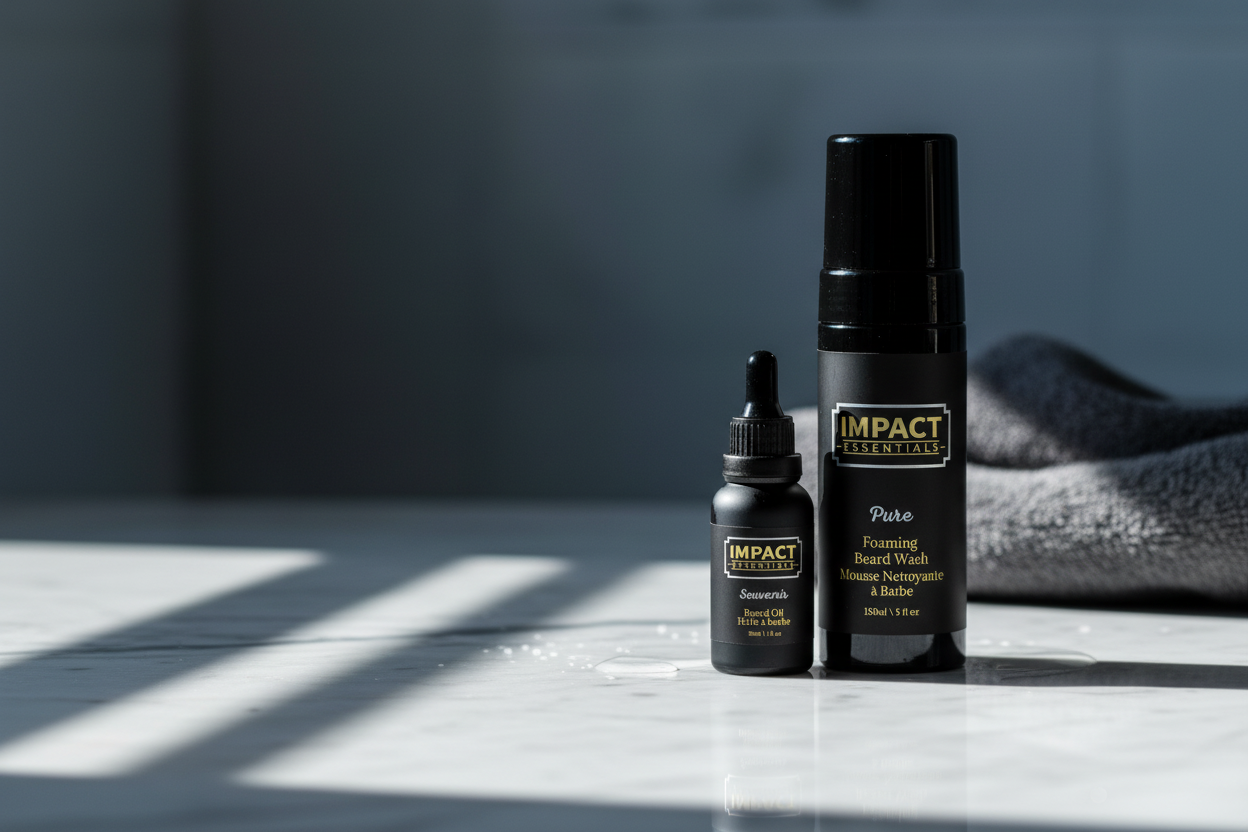 bottles of Impact Essentials products Beard oil and Shampoo on a reflective surface with a dark background