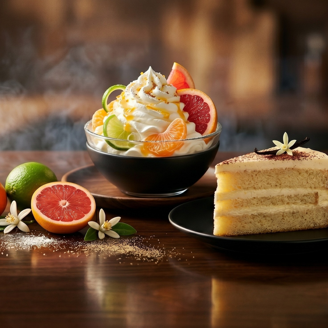 Citrus with whipped cream and a slice of cake on a wooden table.