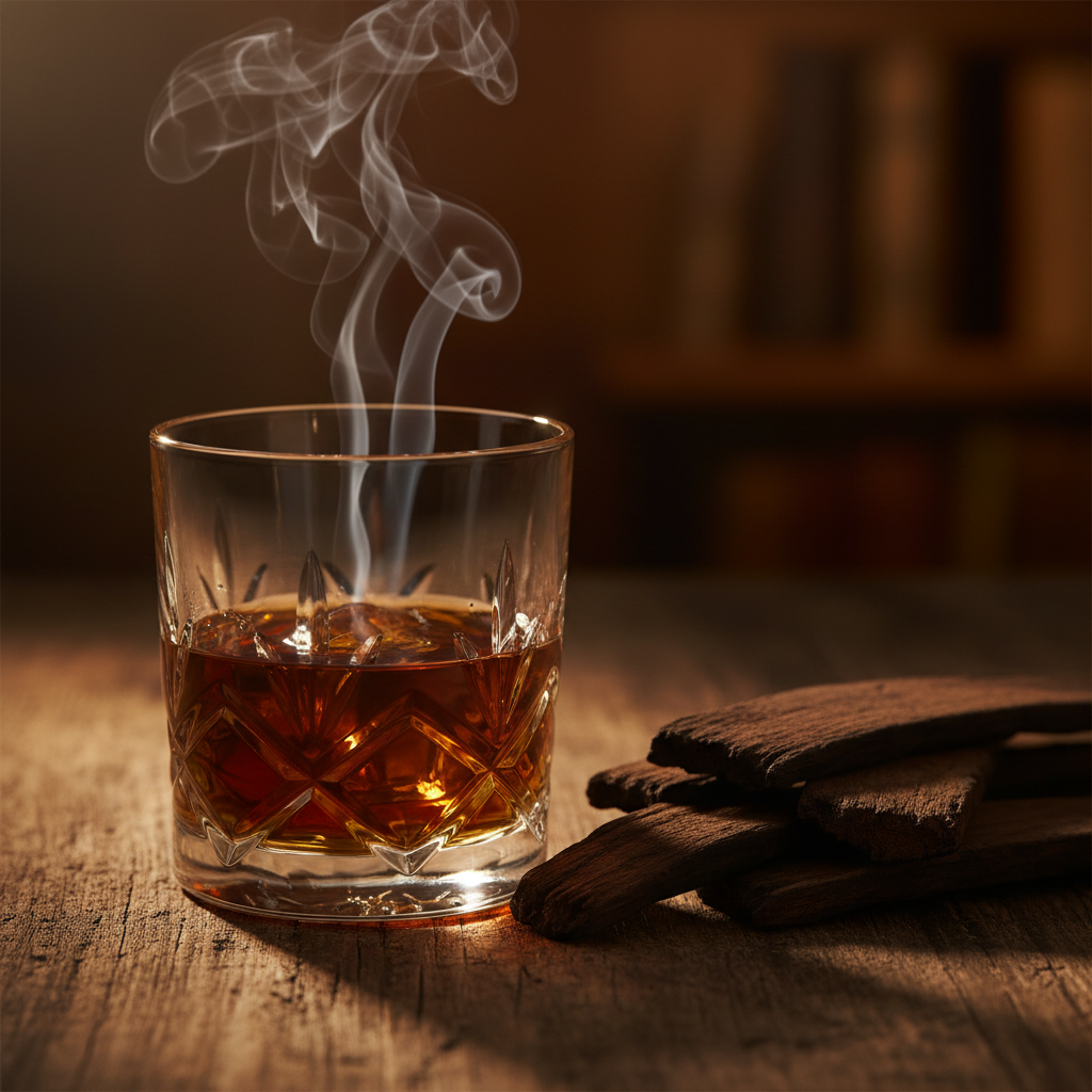Glass of whiskey with smoking ice cubes on a wooden surface