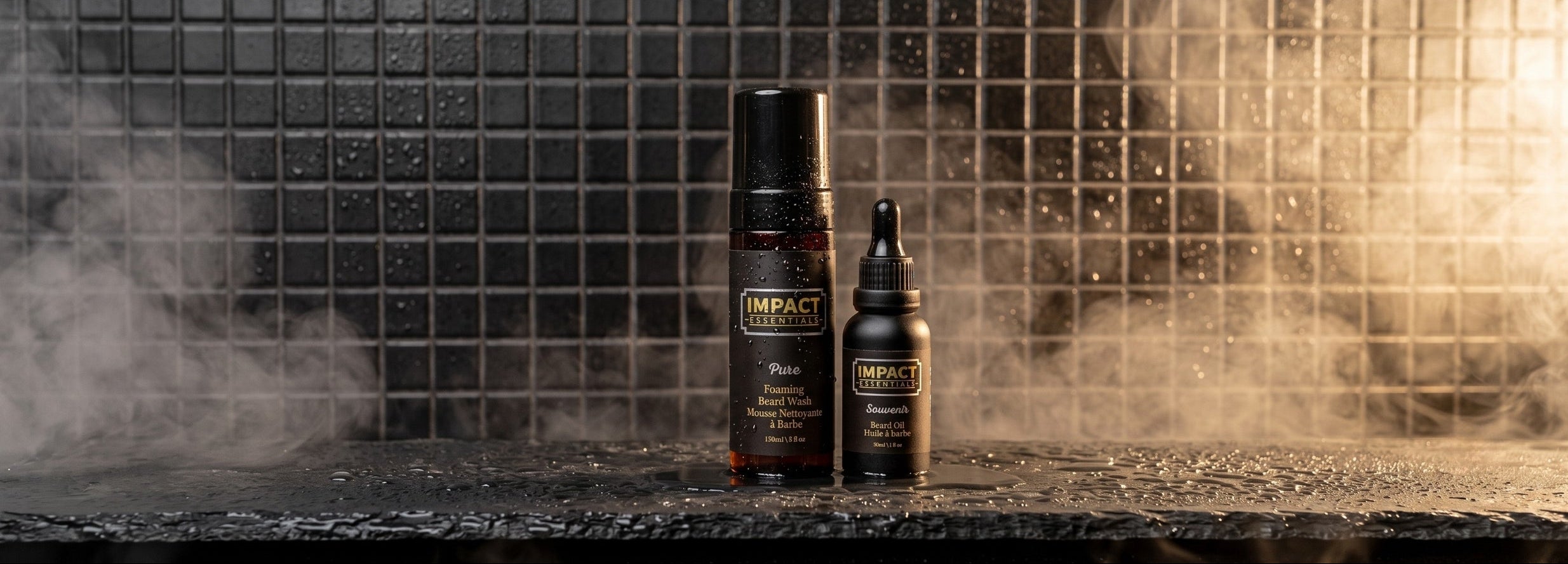 Beard Oil and Shampoo bottle in a dark shower with stream