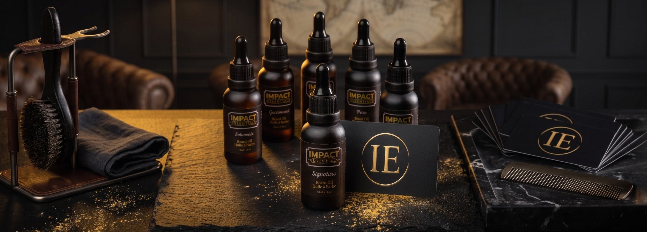 Six dark amber beard oil dropper bottles arranged on a textured slate surface alongside a black card featuring a gold 'IE' logo, a grooming brush on a stand, and a metallic comb, set in a moody, upscale lounge environment.
