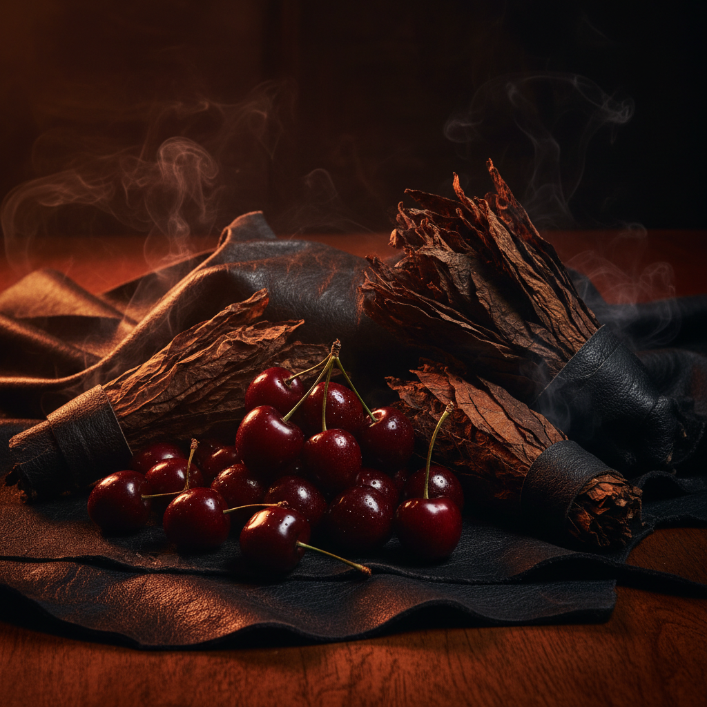 Cherries on a dark surface with smoke and wood elements