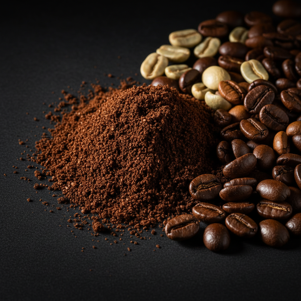 Coffee grounds and coffee beans on a dark surface