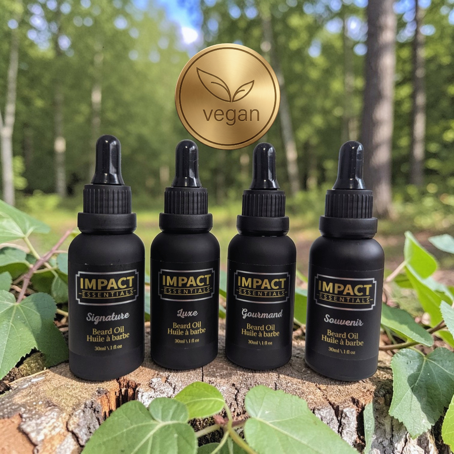 IMPACT Essentials premium beard oil set featuring Signature, Luxe, Gourmand, and Souvenir scents. Four matte black dropper bottles on a rustic wood stump , set against a blurred green forest background