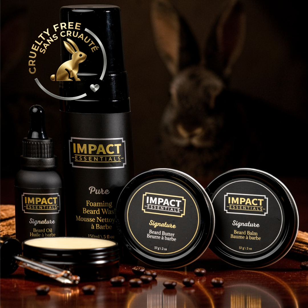 IMPACT Essentials cruelty-free beard care products, including beard oil, balm, and wash, featuring a gold cruelty-free bunny logo.