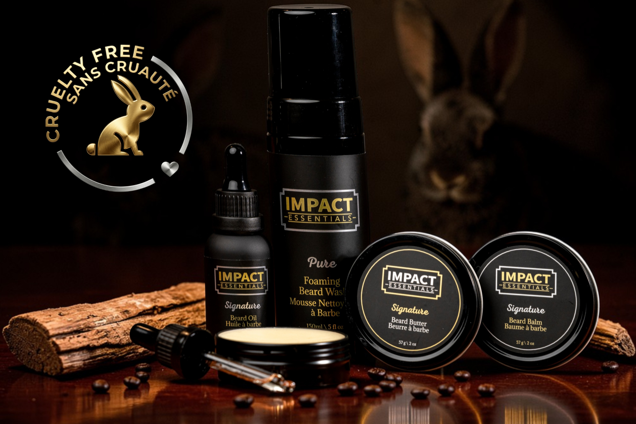 IMPACT Essentials cruelty-free beard care products, including beard oil, balm, and wash, featuring a gold cruelty-free bunny logo.